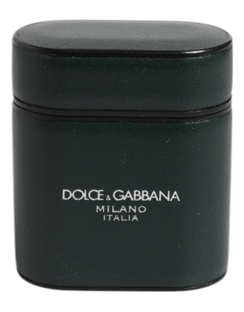 Dolce & Gabbana Green Calfskin Leather Logo Print Flip Holder Airpods Case