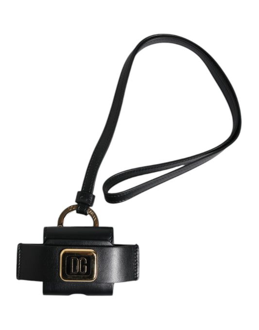 Dolce & Gabbana Black Leather Strap Gold Metal Logo Plaque Airpods Case - ClickThatClicks 