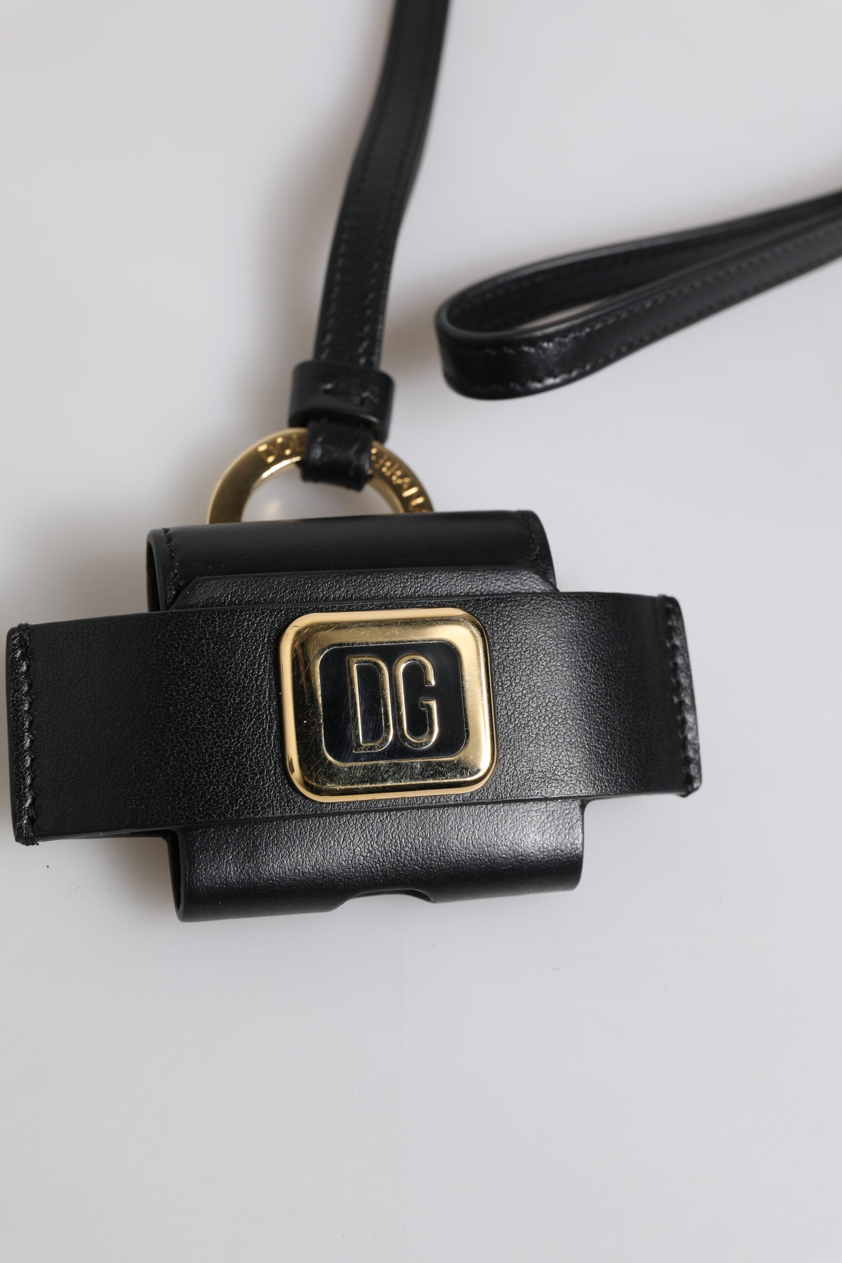 Dolce & Gabbana Black Leather Strap Gold Metal Logo Plaque Airpods Case - ClickThatClicks 