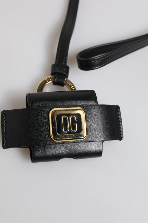 Dolce & Gabbana Black Leather Strap Gold Metal Logo Plaque Airpods Case - ClickThatClicks 