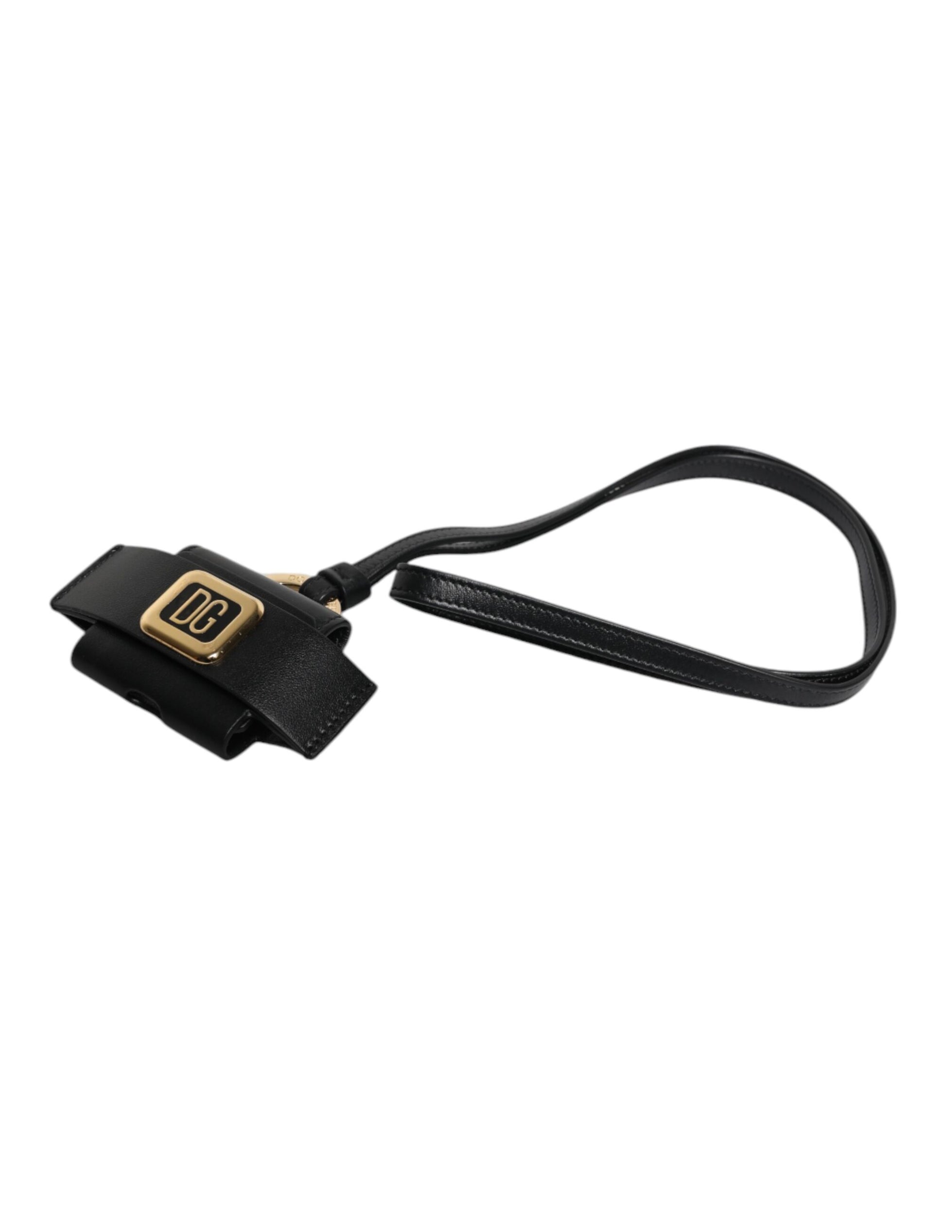 Dolce & Gabbana Black Leather Strap Gold Metal Logo Plaque Airpods Case - ClickThatClicks 