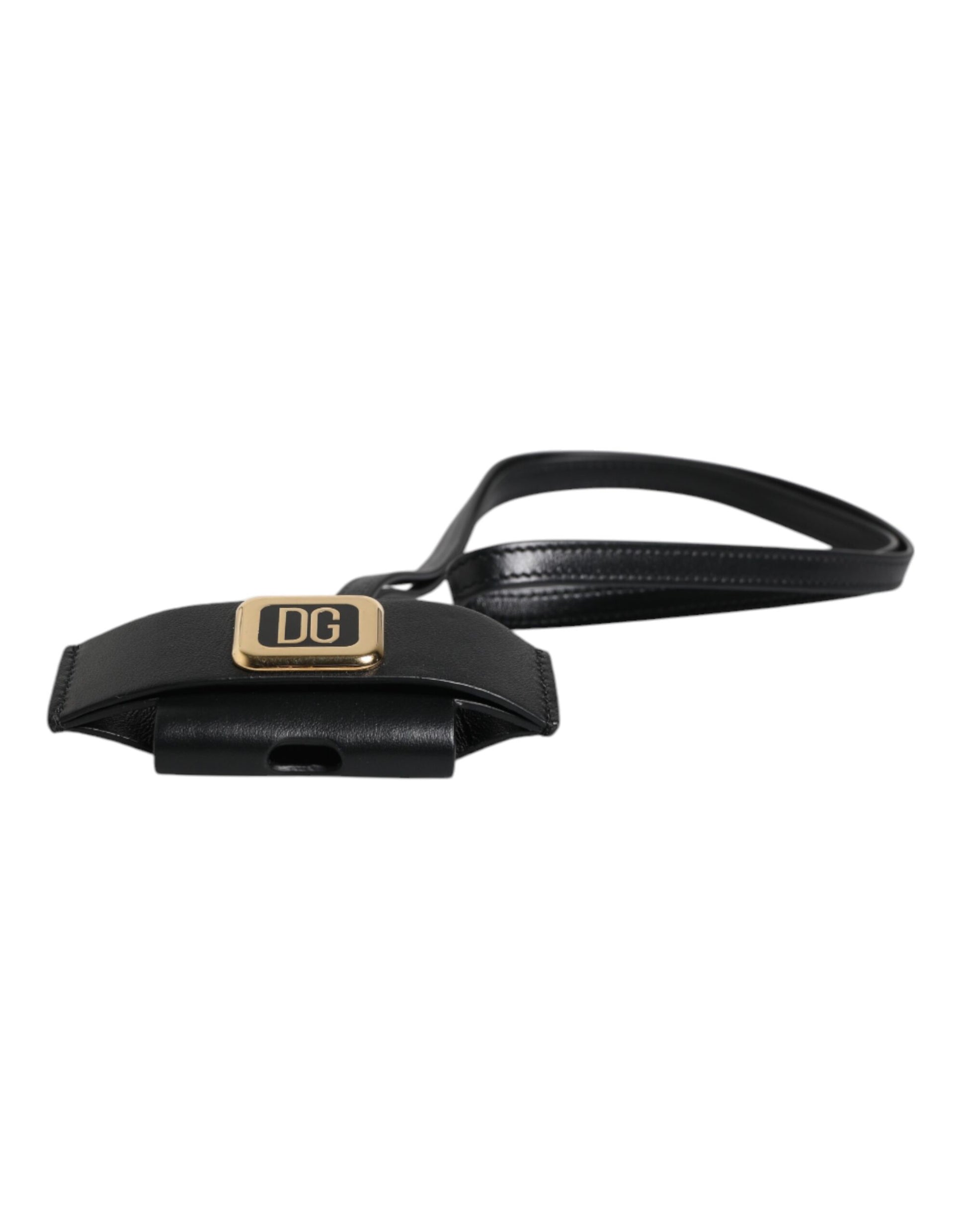 Dolce & Gabbana Black Leather Strap Gold Metal Logo Plaque Airpods Case - ClickThatClicks 