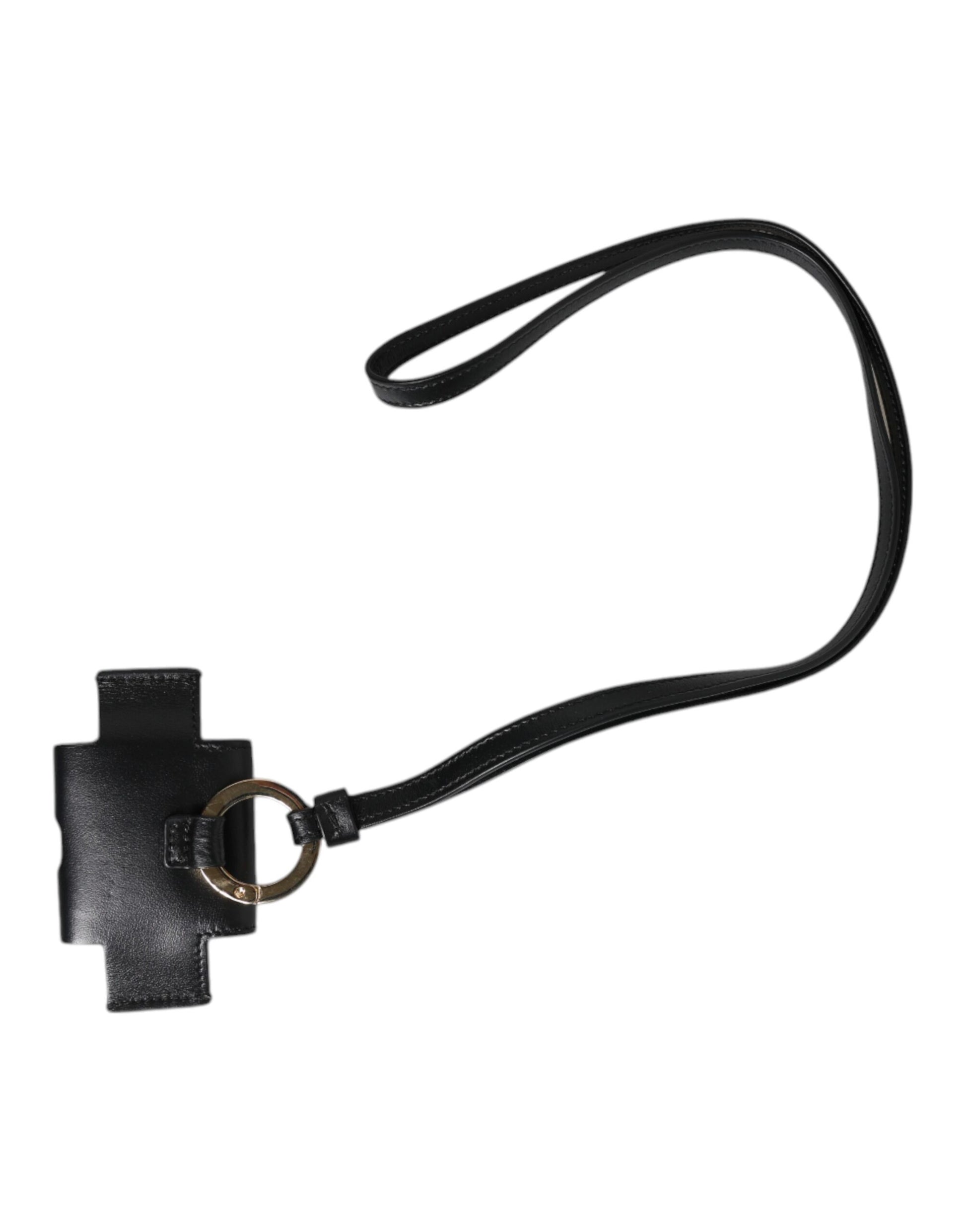 Dolce & Gabbana Black Leather Strap Gold Metal Logo Plaque Airpods Case - ClickThatClicks 