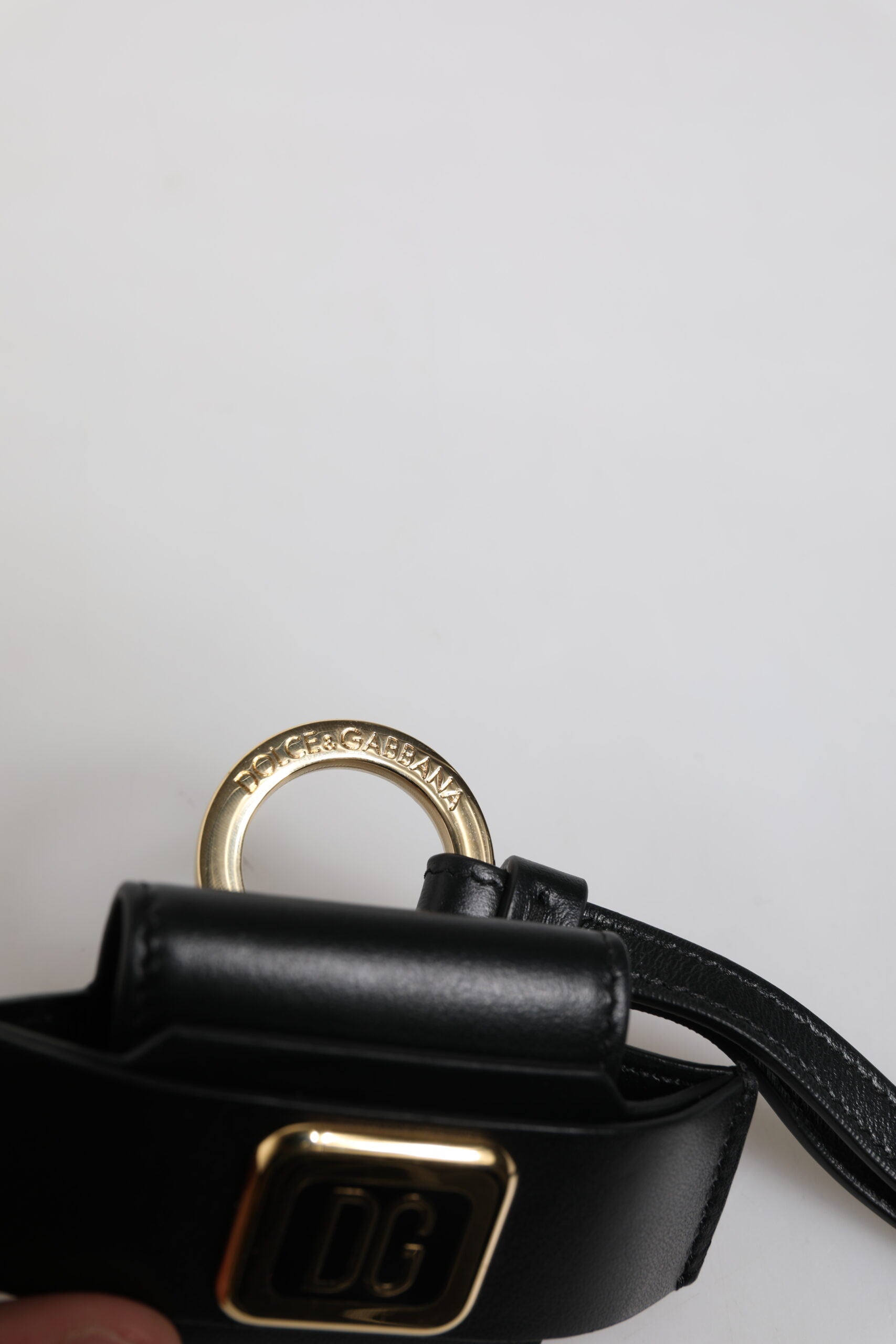 Dolce & Gabbana Black Leather Strap Gold Metal Logo Plaque Airpods Case - ClickThatClicks 