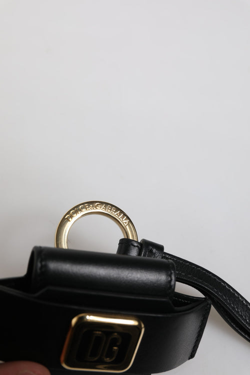 Dolce & Gabbana Black Leather Strap Gold Metal Logo Plaque Airpods Case - ClickThatClicks 