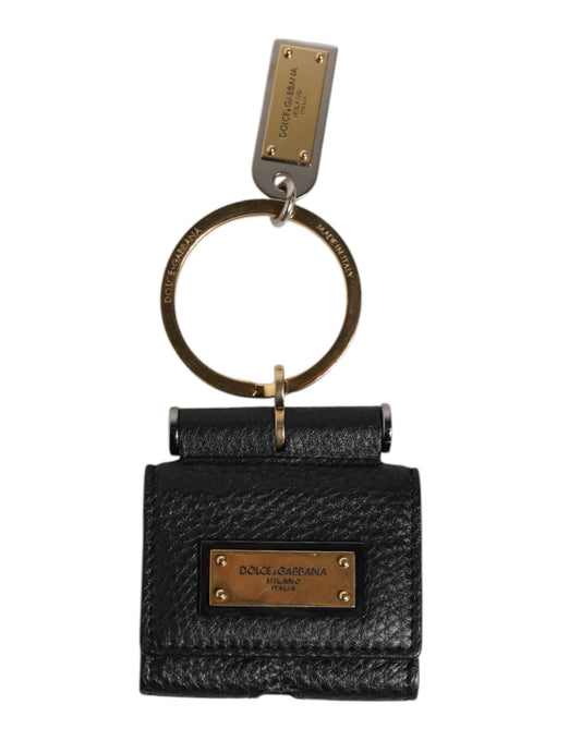Dolce & Gabbana Black Leather Strap Gold Metal Logo Plaque Airpods Case - ClickThatClicks 