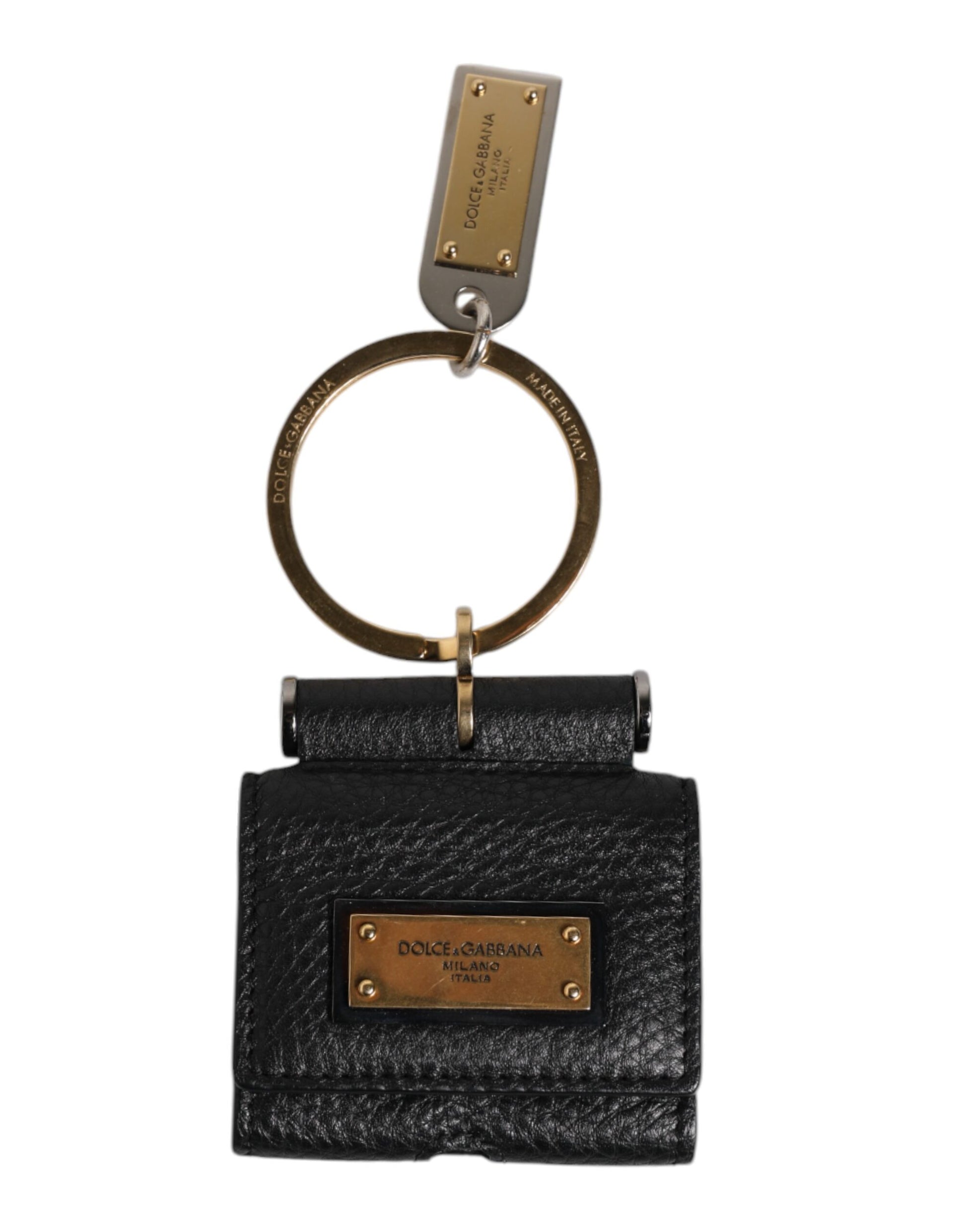 Dolce & Gabbana Black Leather Strap Gold Metal Logo Plaque Airpods Case - ClickThatClicks 