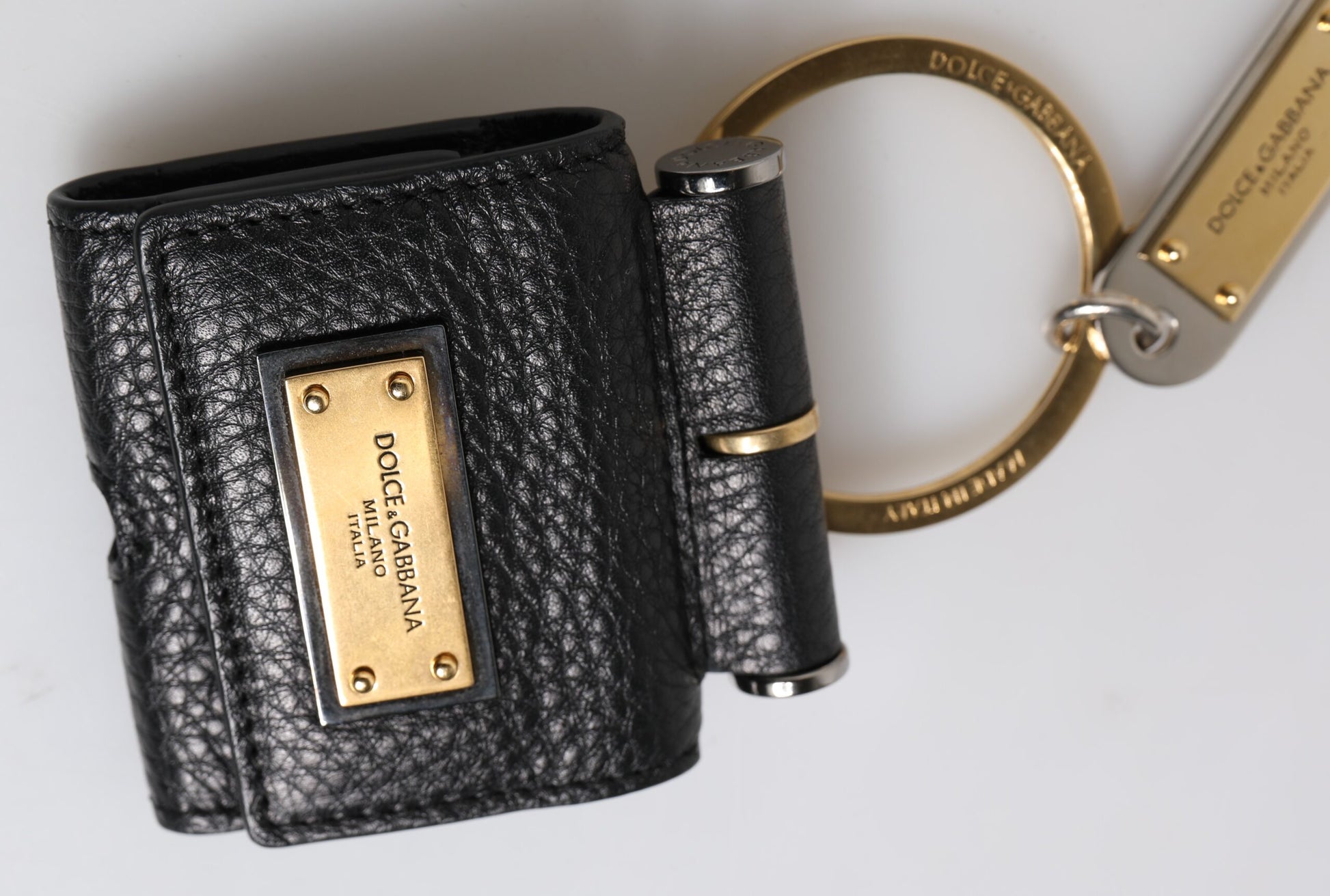 Dolce & Gabbana Black Leather Strap Gold Metal Logo Plaque Airpods Case - ClickThatClicks 