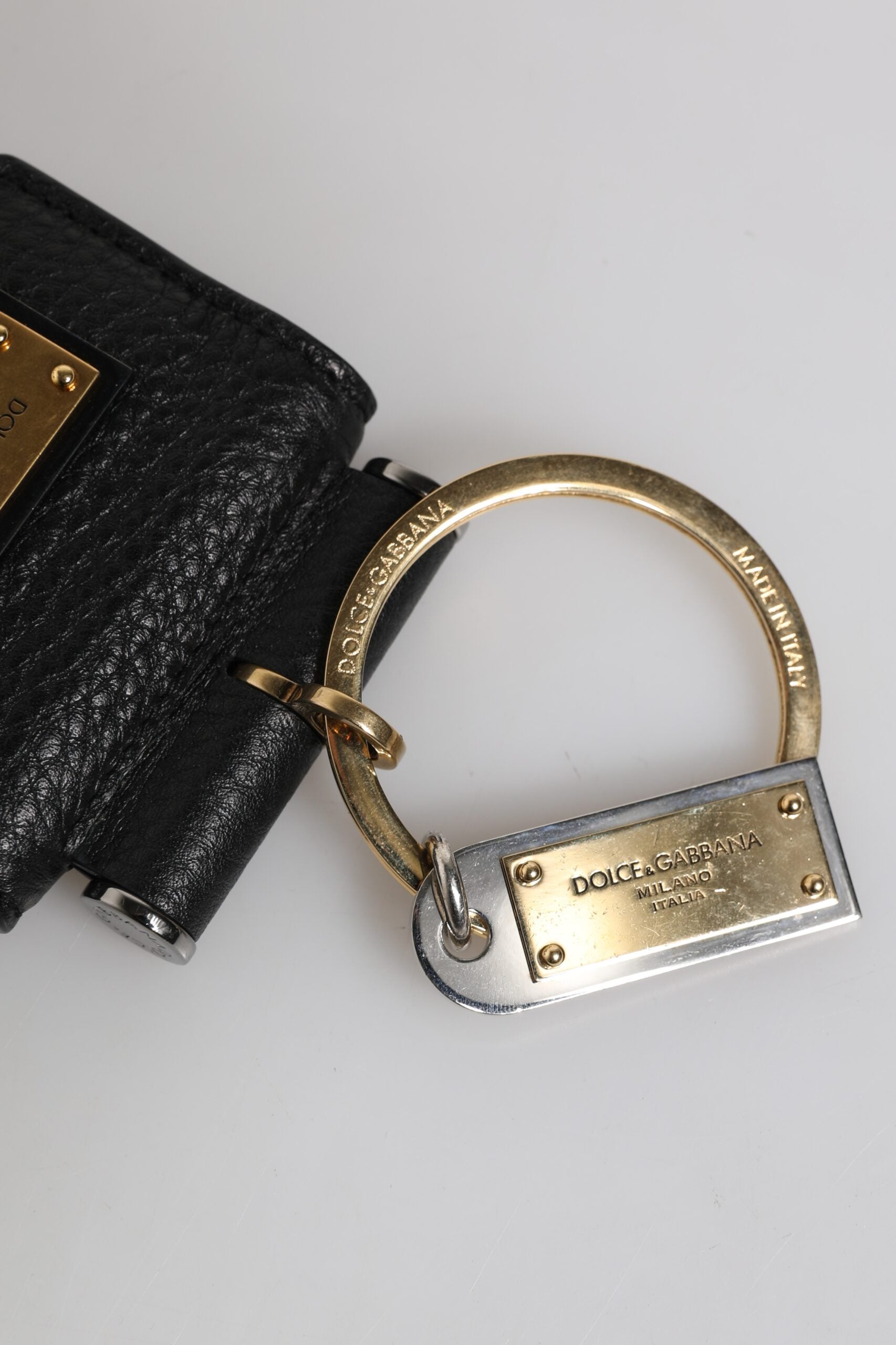 Dolce & Gabbana Black Leather Strap Gold Metal Logo Plaque Airpods Case - ClickThatClicks 