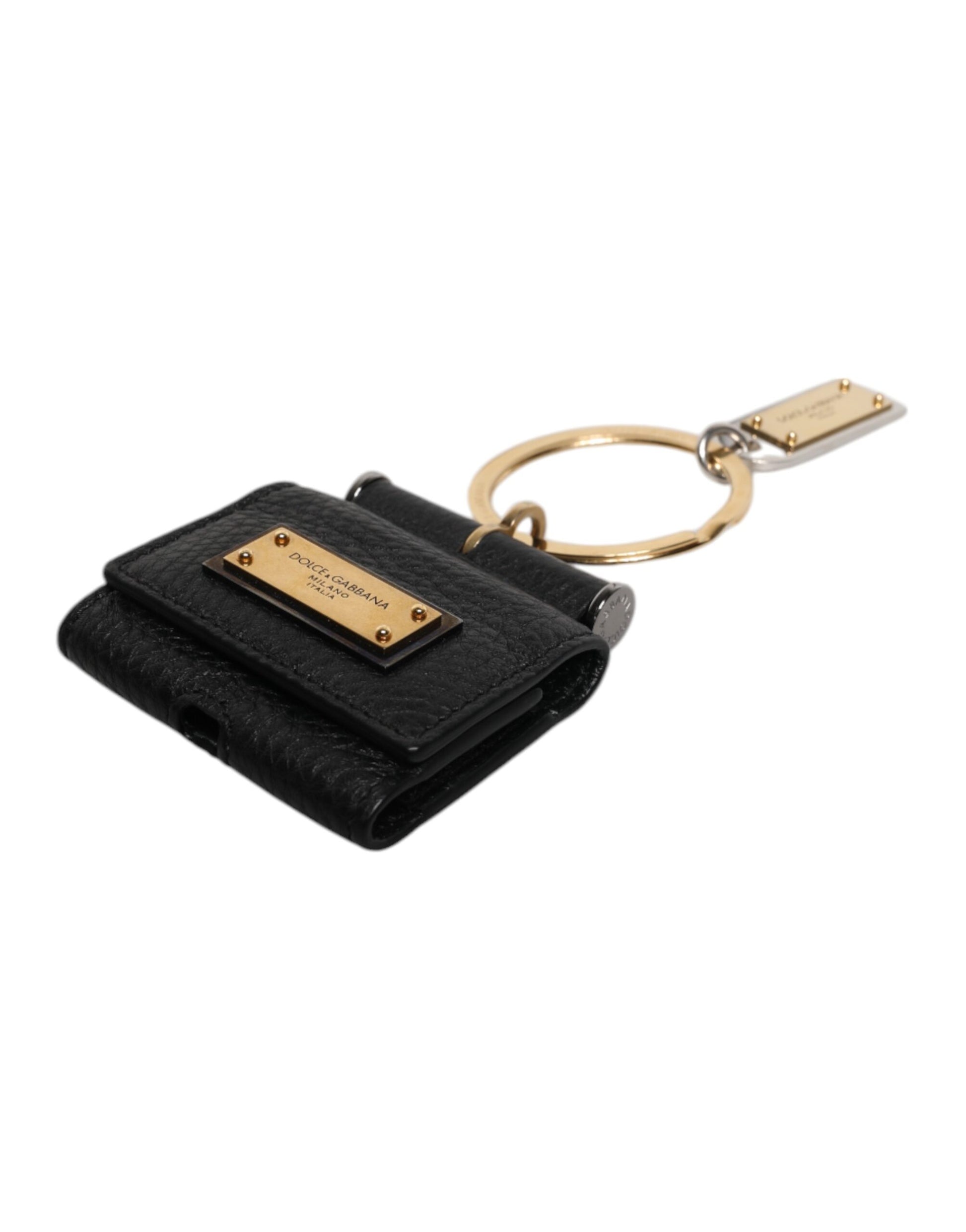 Dolce & Gabbana Black Leather Strap Gold Metal Logo Plaque Airpods Case - ClickThatClicks 