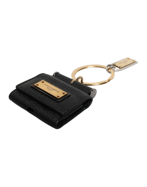 Dolce & Gabbana Black Leather Strap Gold Metal Logo Plaque Airpods Case - ClickThatClicks 