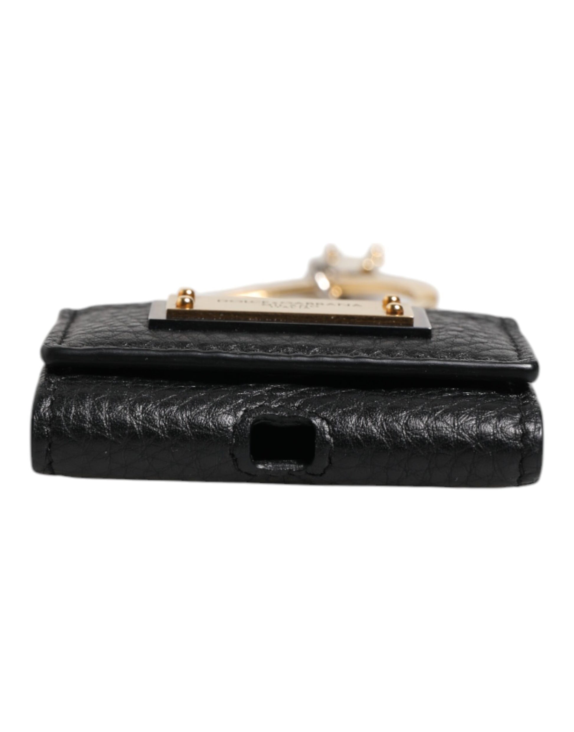 Dolce & Gabbana Black Leather Strap Gold Metal Logo Plaque Airpods Case - ClickThatClicks 