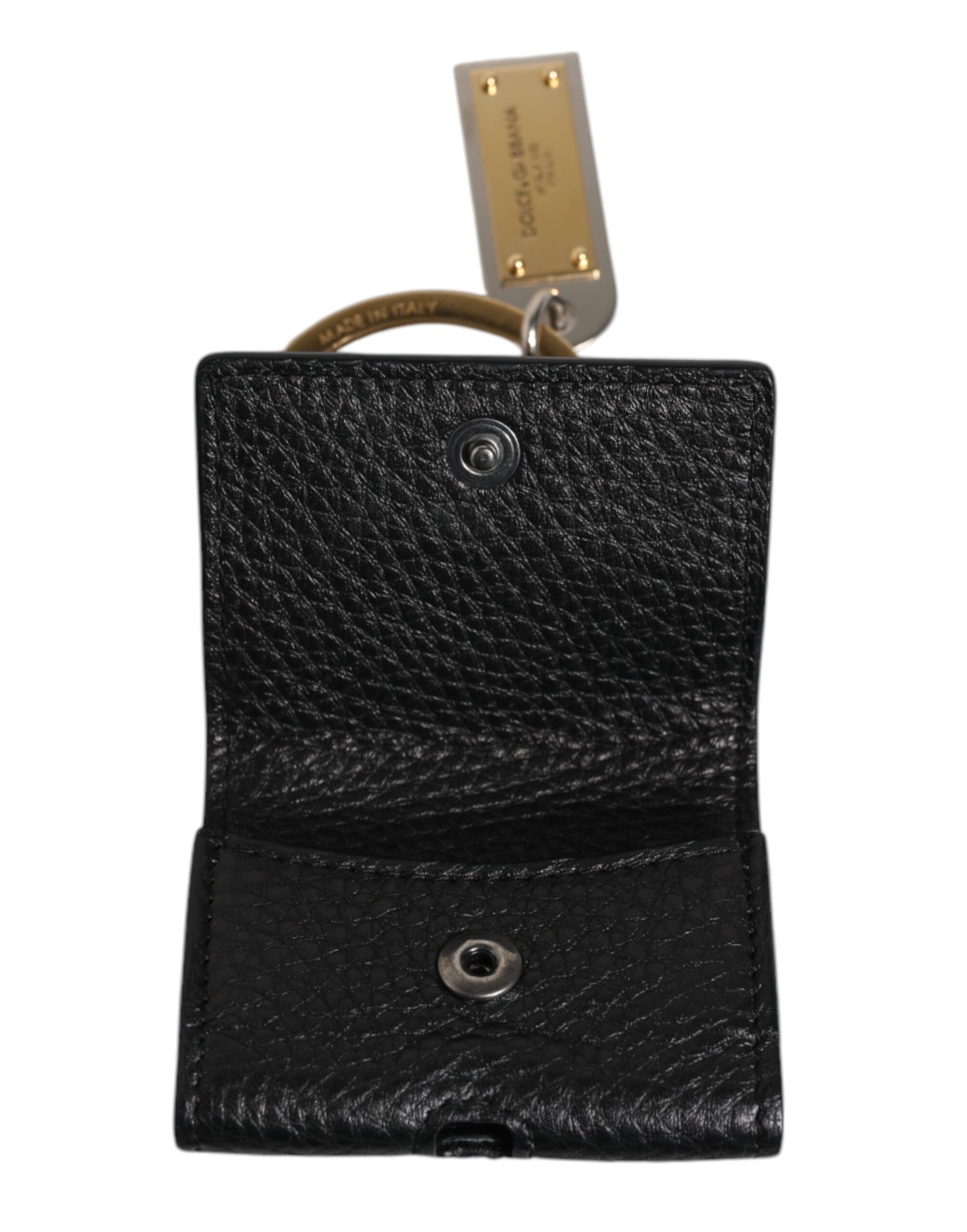 Dolce & Gabbana Black Leather Strap Gold Metal Logo Plaque Airpods Case - ClickThatClicks 