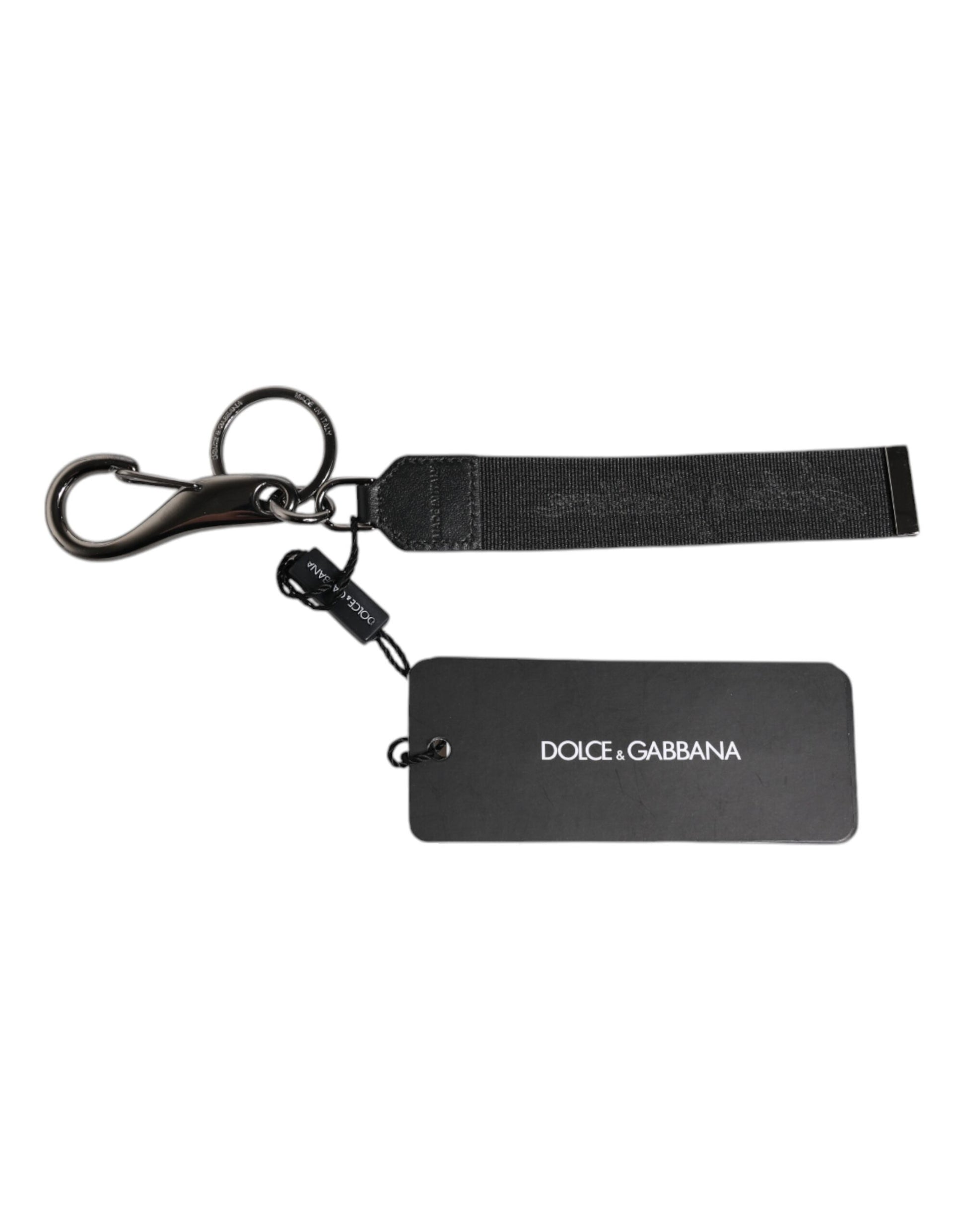 Dolce & Gabbana Black Logo Nylon Silver Brass Men Holder Keychain Keyring - ClickThatClicks 