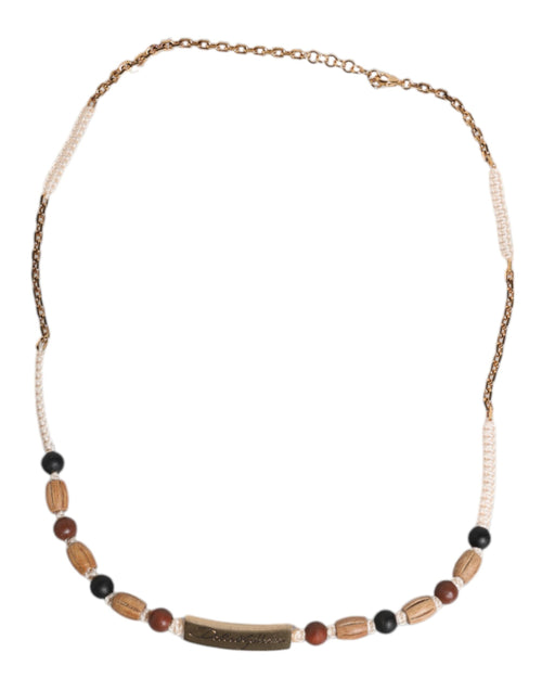 Dolce & Gabbana Black Gold Wooden Beaded Logo Pendant Necklace - ClickThatClicks 