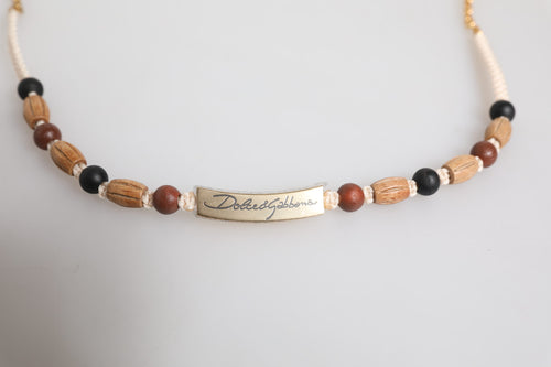 Dolce & Gabbana Black Gold Wooden Beaded Logo Pendant Necklace - ClickThatClicks 