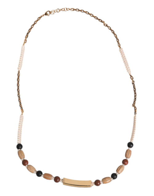 Dolce & Gabbana Black Gold Wooden Beaded Logo Pendant Necklace - ClickThatClicks 