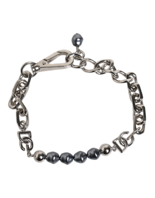 Dolce & Gabbana Silver Tone Chain Lobster Clasp Logo Gray Pearls Bracelet - ClickThatClicks 
