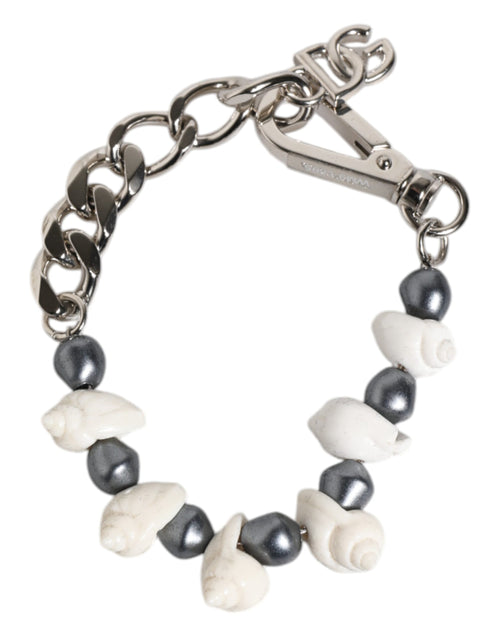 Dolce & Gabbana Silver Tone Brass Beaded Shell DG Logo Pendant Bracelet - ClickThatClicks 