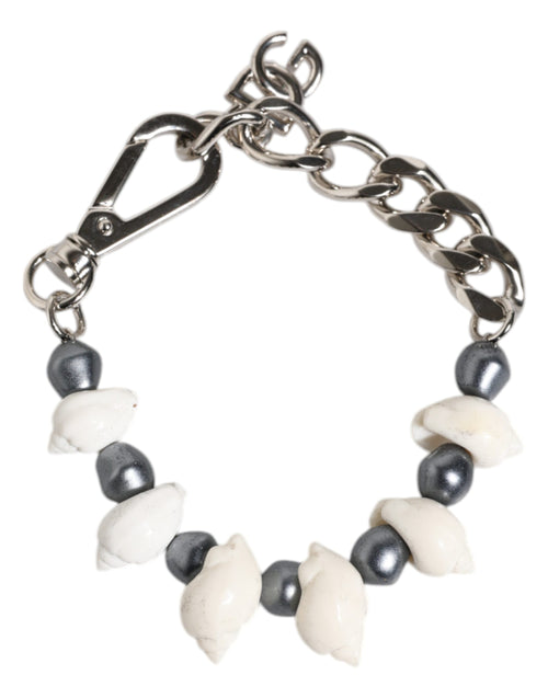 Dolce & Gabbana Silver Tone Brass Beaded Shell DG Logo Pendant Bracelet - ClickThatClicks 
