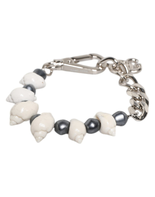 Dolce & Gabbana Silver Tone Brass Beaded Shell DG Logo Pendant Bracelet - ClickThatClicks 