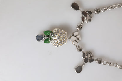 Dolce & Gabbana Silver Tone Brass Clear Crystal Roses Pendants Necklace