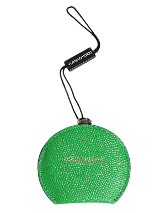 Dolce & Gabbana Green Calfskin Leather Round Logo Hand Mirror Holder - ClickThatClicks 