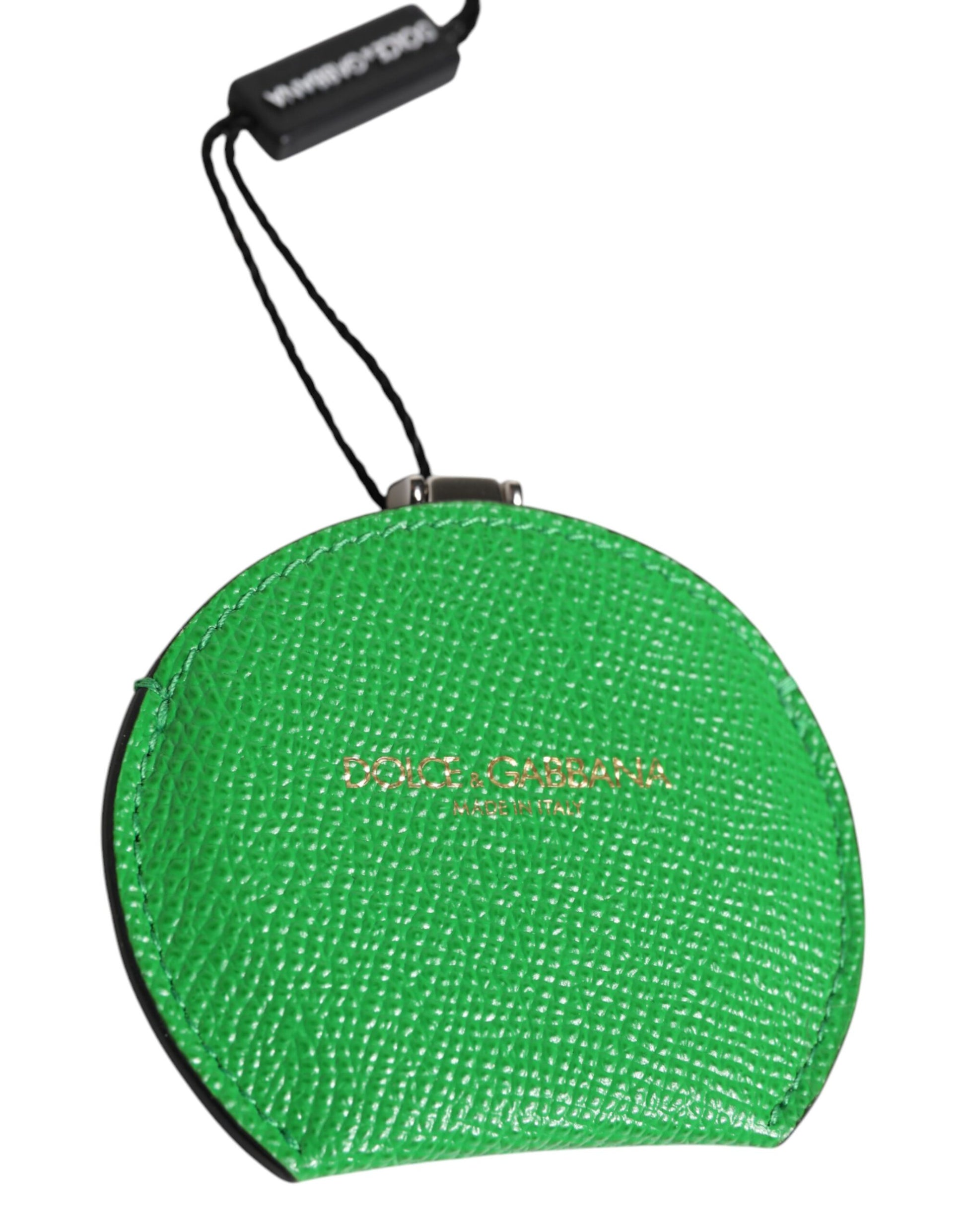 Dolce & Gabbana Green Calfskin Leather Round Logo Hand Mirror Holder - ClickThatClicks 