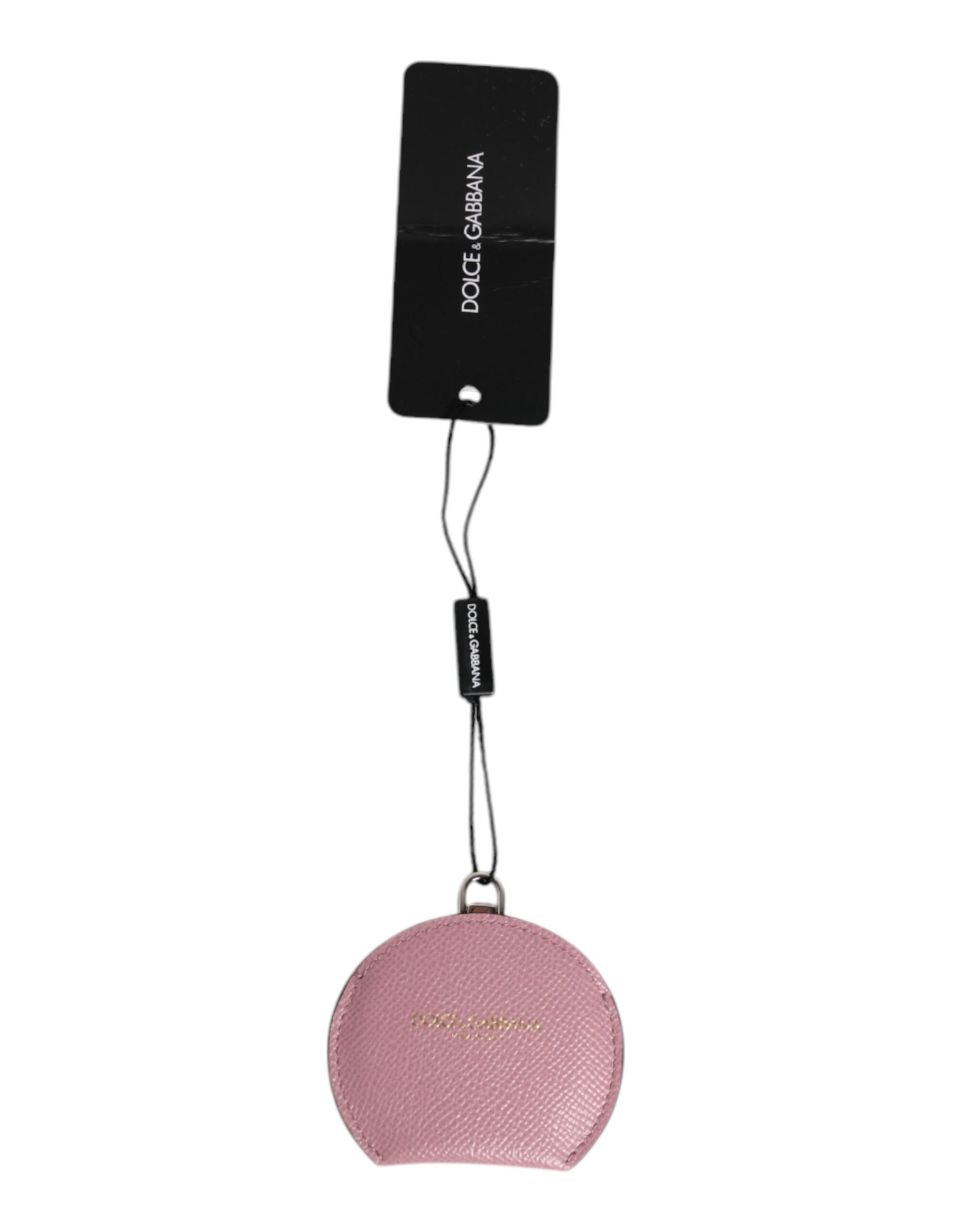 Dolce & Gabbana Pink Calfskin Leather Round Logo Hand Mirror Holder - ClickThatClicks 