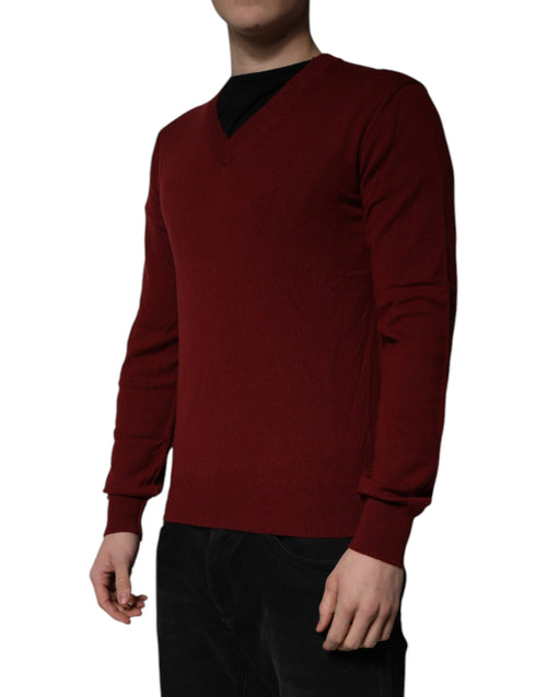 Dolce & Gabbana Maroon Cashmere V-neck Men Pullover Sweater - ClickThatClicks 