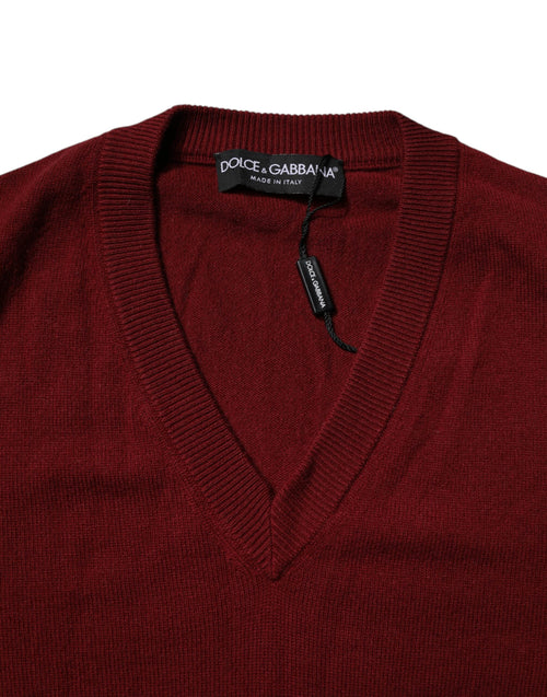 Dolce & Gabbana Maroon Cashmere V-neck Men Pullover Sweater - ClickThatClicks 