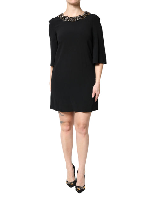 Dolce & Gabbana Black Crystal Embellished Round Neck Mini Dress - ClickThatClicks 