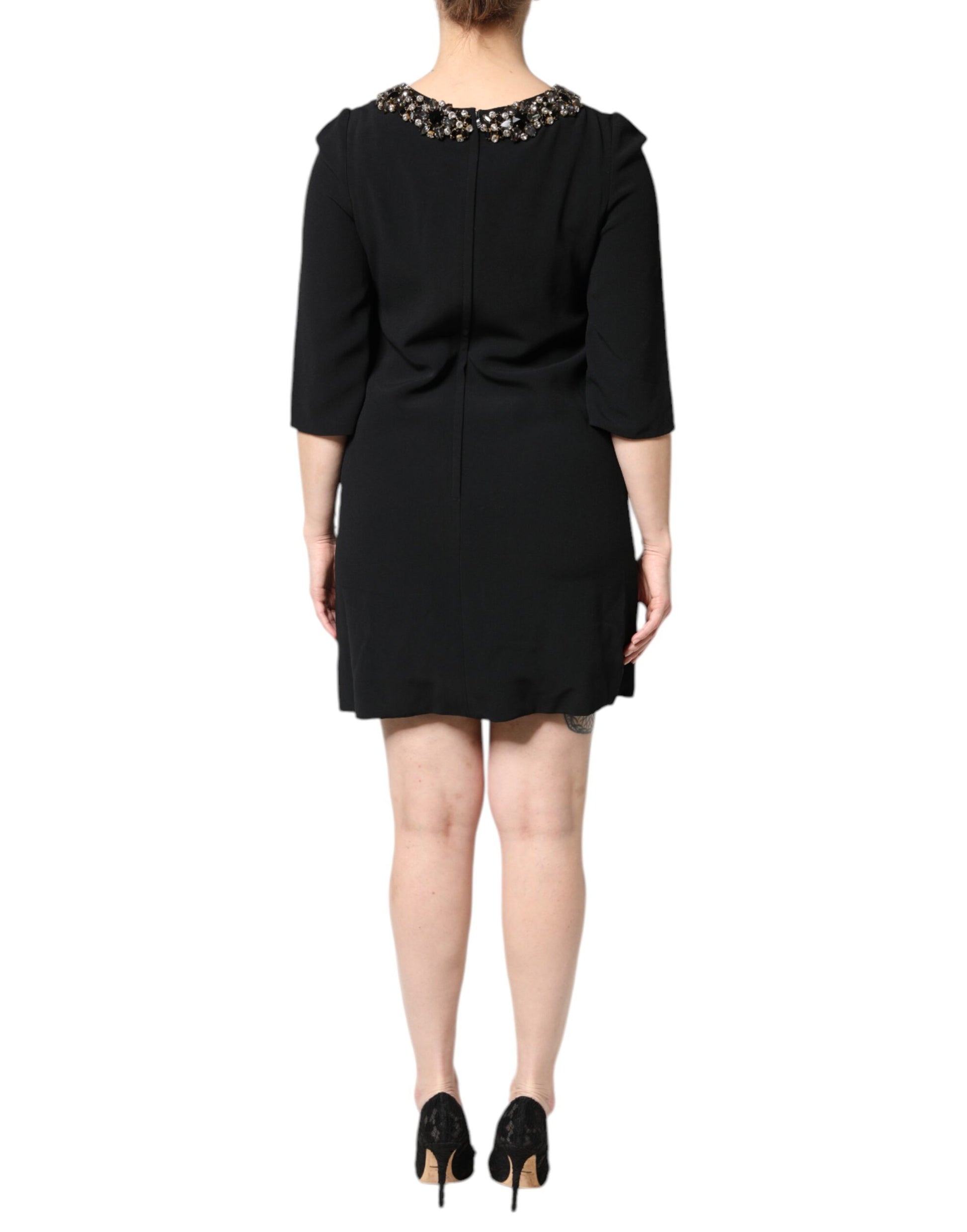 Dolce & Gabbana Black Crystal Embellished Round Neck Mini Dress - ClickThatClicks 