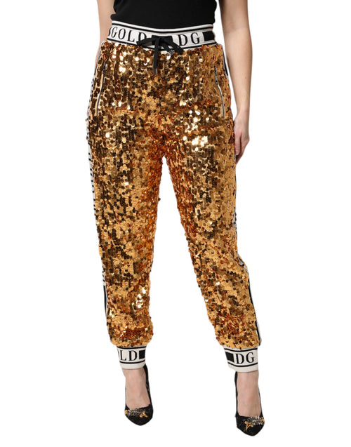 Dolce & Gabbana Metallic Gold DG Logo Sequined Jogger Pants - ClickThatClicks 