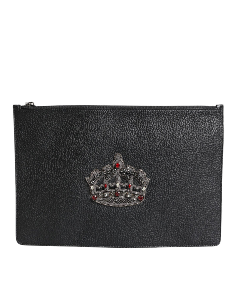 Dolce & Gabbana Black Calfskin Crown Embellished Clutch Pouch Bag