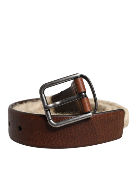 Dolce & Gabbana Brown Jute Leather Woven Metal Buckle Belt - ClickThatClicks 
