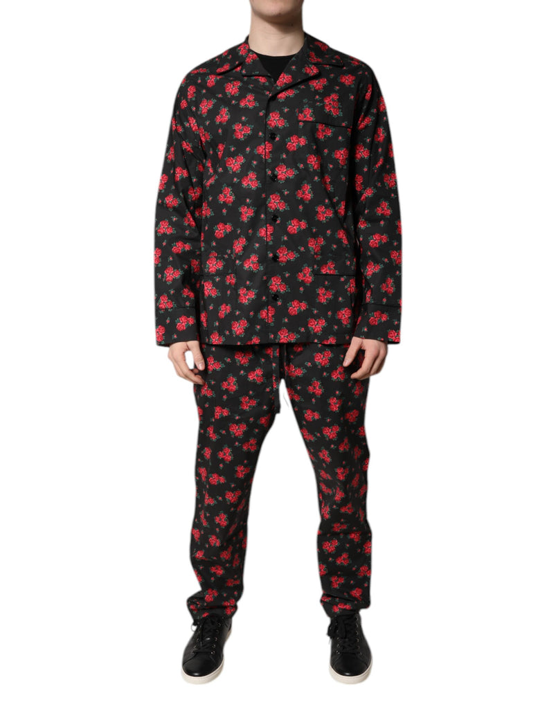 Dolce & Gabbana Black Floral Print Cotton Men Pajama Set Sleepwear