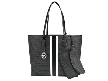 Michael Kors Eva Large Stripe Travel Tote Bag Plus Pouch Black