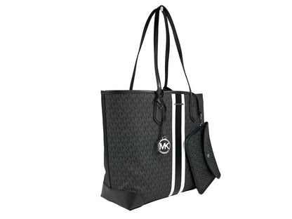 Michael Kors Eva Large Stripe Travel Tote Bag Plus Pouch Black