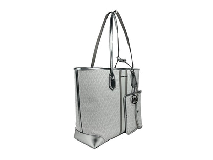 Michael Kors Eva Large Stripe Travel Tote Bag Plus Pouch White