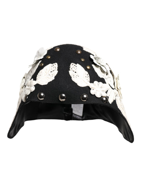 Dolce & Gabbana Black Wool White Floral Gold Leaf Cloche Hat - ClickThatClicks 