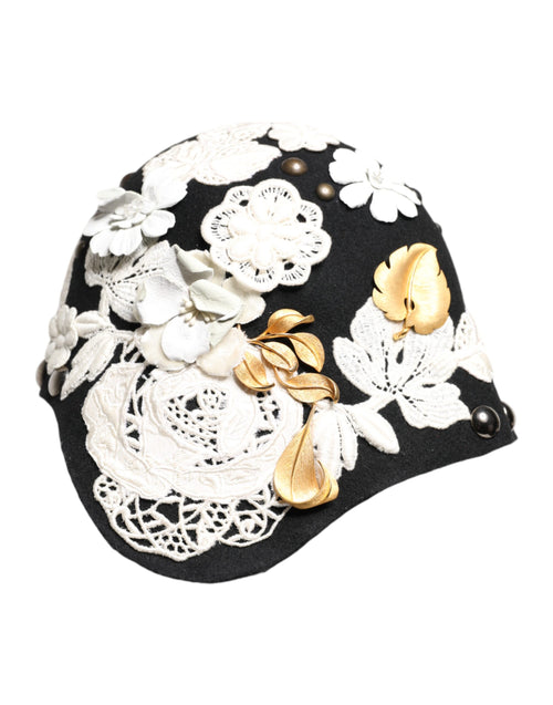 Dolce & Gabbana Black Wool White Floral Gold Leaf Cloche Hat - ClickThatClicks 