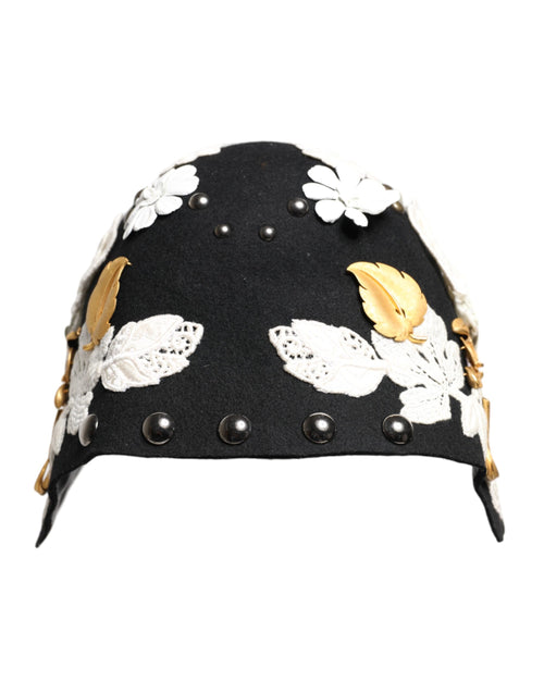 Dolce & Gabbana Black Wool White Floral Gold Leaf Cloche Hat - ClickThatClicks 