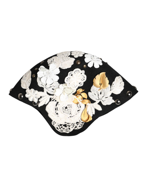 Dolce & Gabbana Black Wool White Floral Gold Leaf Cloche Hat - ClickThatClicks 