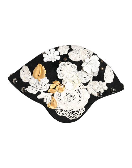 Dolce & Gabbana Black Wool White Floral Gold Leaf Cloche Hat - ClickThatClicks 