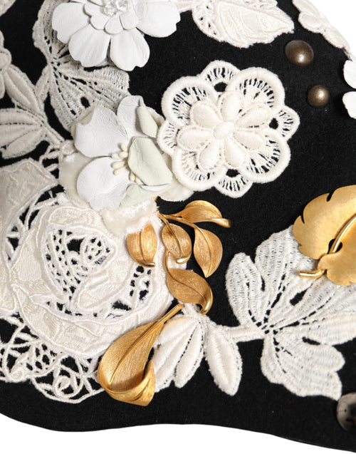 Dolce & Gabbana Black Wool White Floral Gold Leaf Cloche Hat - ClickThatClicks 