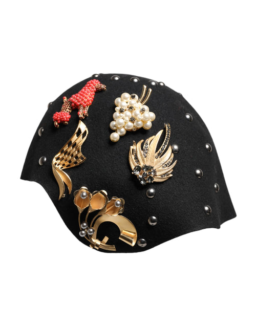 Dolce & Gabbana Black Wool Multicolor Embellished Cloche Hat - ClickThatClicks 