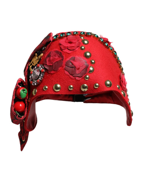 Dolce & Gabbana Red Crystal Gold Roses Brooch Embellished Hat - ClickThatClicks 