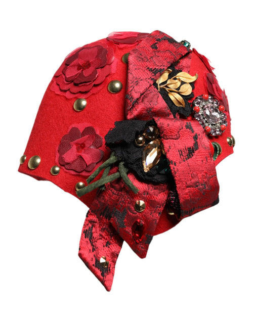 Dolce & Gabbana Red Crystal Gold Roses Brooch Embellished Hat - ClickThatClicks 