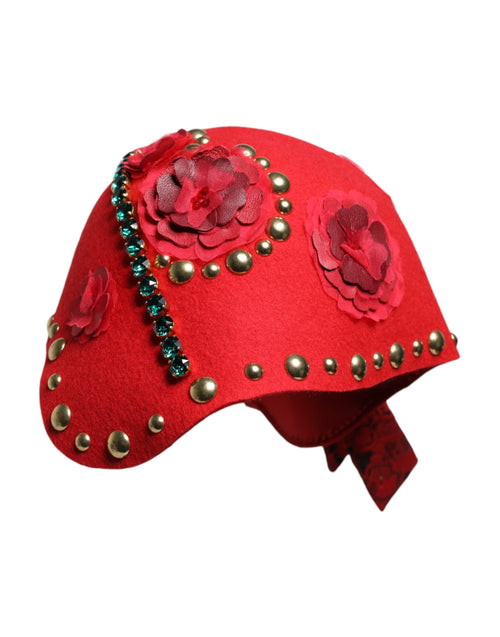 Dolce & Gabbana Red Crystal Gold Roses Brooch Embellished Hat - ClickThatClicks 